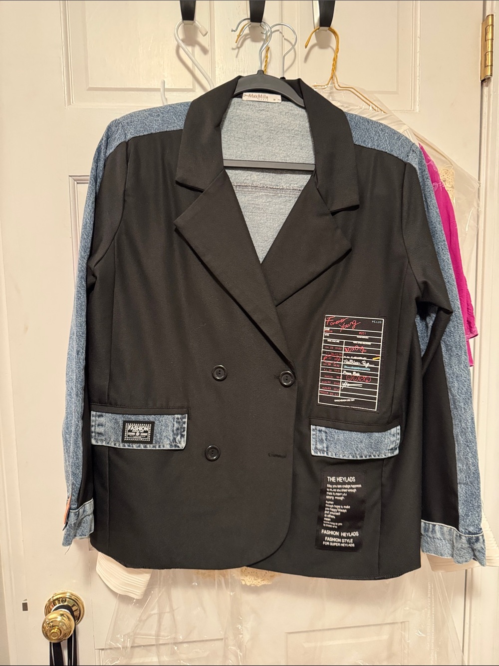 Double-Breasted Black Blazer with Denim Trim